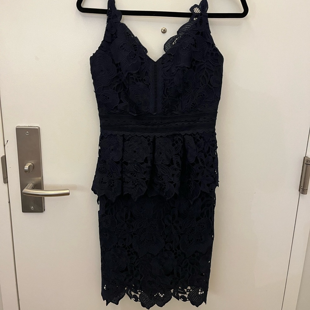 WORN ONCE Ted Baker Navy Lace Dress w Peplum Detail & Rose Gold Zipper
